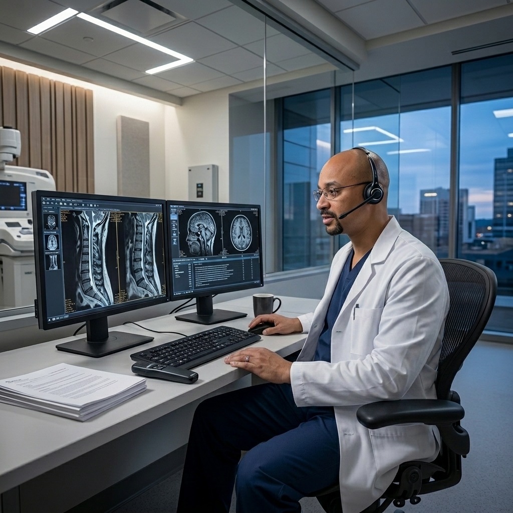 Dr. Joseph O. Ugorji at dual-monitor MRI diagnostics workstation